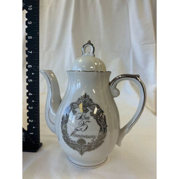 Silver 25th Anniversary Porcelain Tea Pot With Lid & Silver Accents - Picture 2 of 2